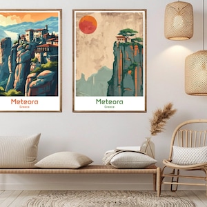 Poster di viaggio di Meteora, Grecia, stampa su carta, Grecia, Meteora, tela, poster d'arte di viaggio vintage, decorazione da parete, Grecia, Trikala, illustrazione, regalo