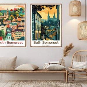 Póster de viaje de Bath Somerset, Reino Unido, impresión en lienzo, póster de pared de viaje vintage de Bath Somerset, decoración del hogar, ilustración de aventura, regalo
