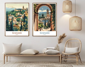 Póster de viaje de Granada, España: Impresión artística vintage del Castillo de la Alhambra