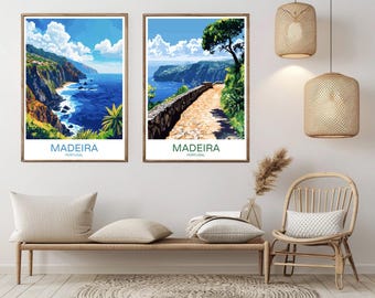 Poster di viaggio vintage dell'isola di Madeira: stampa artistica costiera del Portogallo