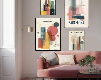 Barcelona Spain Travel Poster Art Print, Modern Color Blocking Wall Art, Abstract City Decor, Bauhaus Style Gift, Minimalist Barcelona Art