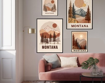 Boho Travel Poster Montana Glacier National Park Mountain Landscape Abstract Minimalist Wall Art Earthy Tones Modern Nature Print