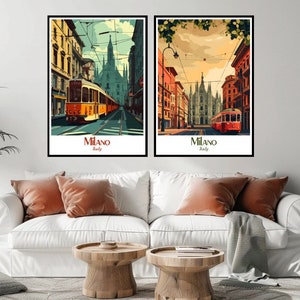 Milan Italy Travel Poster: Vintage Sunset Illustration Print