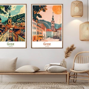 Graz Austria Poster Travel Paper Print Austria Graz Canvas Vintage Travel Art Poster Wall Austria Illustration Gift