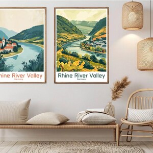 Pôster de viagem em papel com impressão em tela do Vale do Rio Reno, Alemanha, pôster de arte de viagem vintage, parede, ilustração para presente, Alemanha