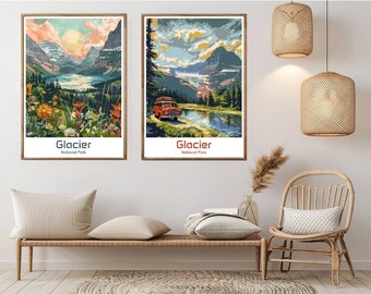 Plakat podróżniczy w stylu vintage z Parku Narodowego Glacier: wydruk ścienny Montany