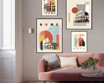 Rome Italy Travel Poster Art Print, Modern Color Blocking Wall Art, Abstract City Decor, Bauhaus Style Gift, Minimalist Rome Landmark Art