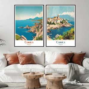 Póster de viaje de Córcega, Francia. Impresión en lienzo de Córcega. Póster de viaje vintage. Decoración de pared. Diseño de ilustración de playa de la isla de Córcega.