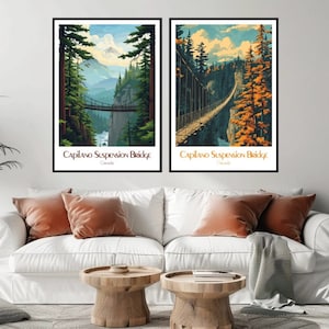 May include: Two vintage-style travel posters featuring the Capilano Suspension Bridge in Vancouver, Canada. The posters are framed in black and have a retro color palette.