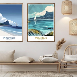 Póster de viaje del Océano Índico de Mauricio, impresión del Océano Índico, lienzo de Mauricio, póster de viaje vintage, decoración de pared, ilustración de Mauricio, regalo