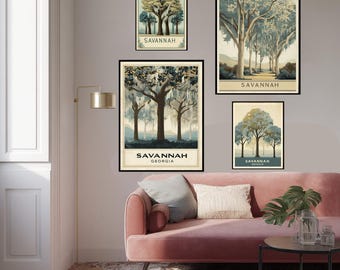 Savannah Georgia Retro Travel Poster Vintage Art Deco Wall Art Southern Oak Tree Print Pastel Minimal Poster Home Decor