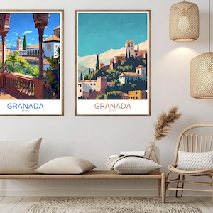 Granada Spagna Poster Carta da viaggio Stampa Andalusia Granada Alhambra Castle Tela Vintage Travel Art Poster da parete Spagna Illustrazione Regalo