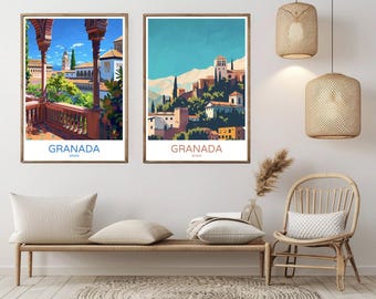 Póster de viaje de Granada, España: Impresión artística vintage del Castillo de la Alhambra
