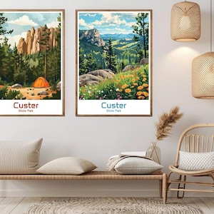 Póster de viaje del Parque Estatal Custer, Dakota del Sur, impresión en papel, Parque Custer, Black Hills, lienzo, póster de arte de viaje vintage, ilustración de EE. UU., regalo