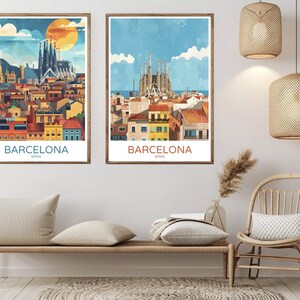 Barcelona Skyline Spain Poster Travel Paper Print Catalonia Barcelona Sunset Canvas Vintage Travel Art Poster Wall Spain Illustration Gift