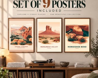 Arizona Travel Poster Set of 9, Arizona Wall Art, Vintage Travel Prints, Printable Gallery Wall, Grand Canyon, Sedona, Monument Valley