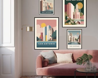 San Antonio Travel Poster: Minimalist Alamo & Riverwalk Art Print