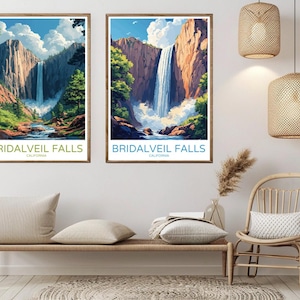 Bridalveil Falls California Poster Travel Paper Print Yosemite Valley Waterfalls Canvas Vintage Travel Art Poster Wall USA Illustration Gift