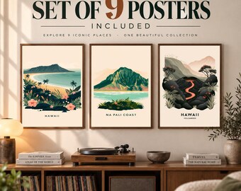 Hawaii Travel Poster Set of 9, Hawaii Wall Art, Vintage Travel Prints, Printable Gallery Wall, Waikiki, Maui, Kauai, Hawaiian Decor