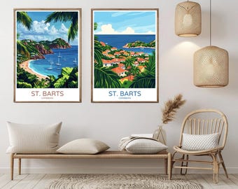 Póster de la isla de San Bartolomé, impresión en papel de viaje, lienzo caribeño de San Bartolomé, póster de arte de viaje vintage, ilustración caribeña para pared, regalo