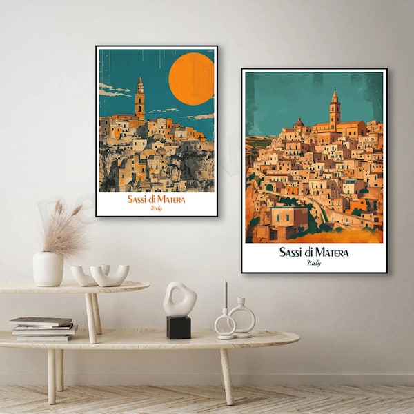 Sassi di Matera Italia Poster Sassi di Matera Stampa su tela Illustrazione Poster da viaggio vintage Decorazione da parete Designer Italia Stampa