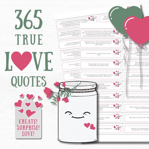 365 Inspirational Quotes Love Jar Notes Printable Quotes Cards DIY Engagement Gifts For Couple Love Quotes Romantic Literary Quotes