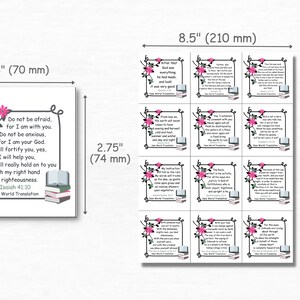 May include: A set of nine 2.75 inch square printable cards with inspirational Bible verses and floral designs. Each card features a different verse from the New World Translation of the Holy Scriptures. The cards are arranged in a 3x3 grid.