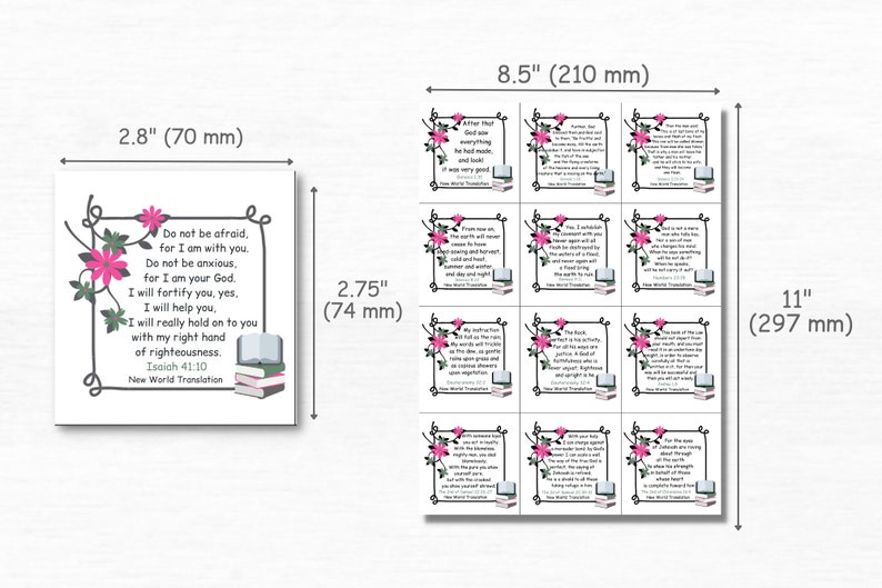 May include: A set of nine 2.75 inch square printable cards with inspirational Bible verses and floral designs. Each card features a different verse from the New World Translation of the Holy Scriptures. The cards are arranged in a 3x3 grid.
