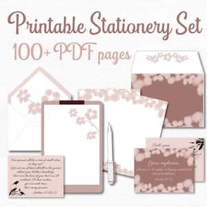 Juego de papelería imprimible, kit para escribir cartas de los Testigos de Jehová con tarjetas con versículos bíblicos y sobres, bonito juego de papelería con acuarela y flores de cerezo.