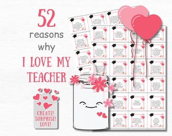 52 Reasons I Love My Teacher Appreciation Gift Thank You Notes Jar Personalized Teacher Gift  Mentor Gift for Women End of Year Teacher Gift