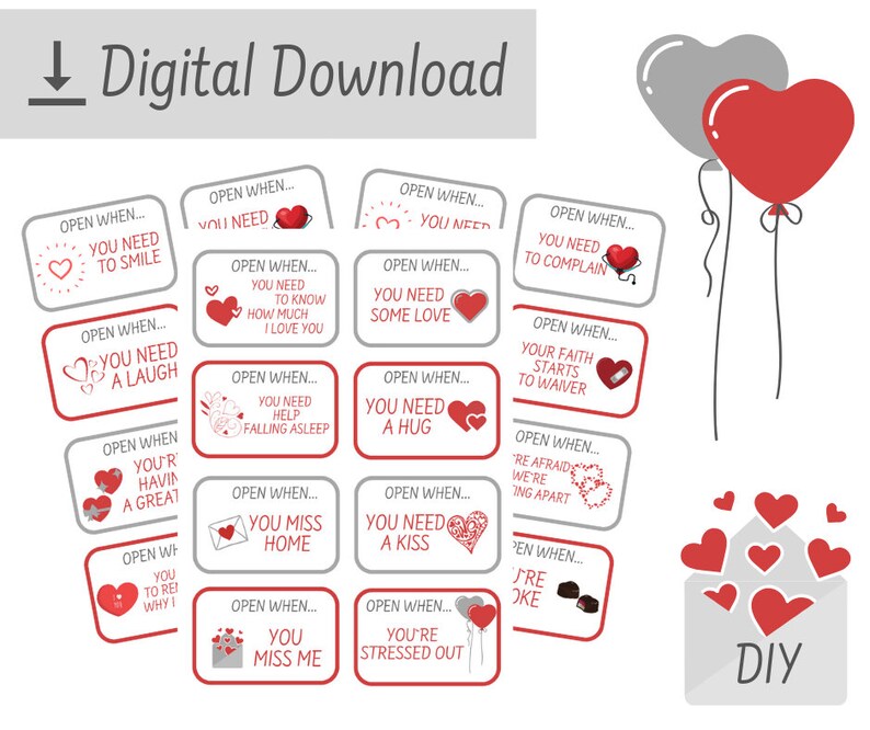 52 Printable Open When Letters Long Distance Relationship Girlfriend Gift Ldr For Her Diy Kit Love Note Cards Romantic