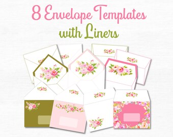 Envelope Template Printable Stationery Set Cute Lined Envelopes Floral Envelope Liner Template Pink Rose Watercolor Cute Stationary Set