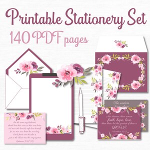 Juego de papelería imprimible, kit para escribir cartas de los Testigos de Jehová con tarjetas con versículos bíblicos y sobres, papel de acuarela rosa, bonito juego de papelería.