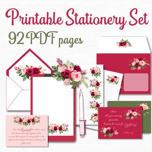 Juego de papelería imprimible con acuarela de rosas, bonito juego de papelería, kit para escribir cartas de los Testigos de Jehová con tarjetas con versículos bíblicos y sobres.