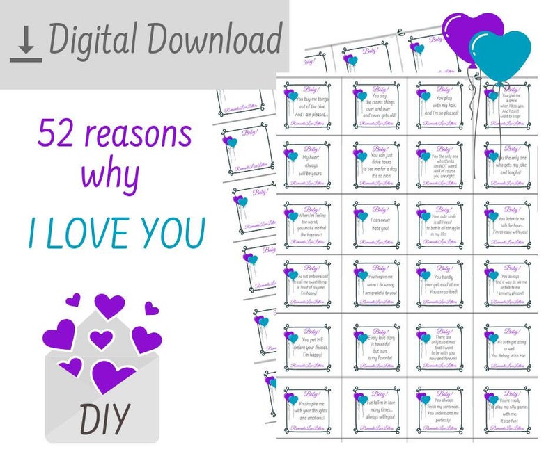 PRINTABLE 52 Reasons Why I Love You Romantic Love Messages For Him Love Notes DIY Kit Long Distance Relationship Gifts For Boyfriend