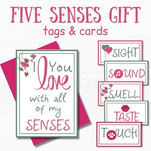 Etiquetas de regalo de los 5 sentidos Etiquetas imprimibles Regalo del 1er aniversario para el paquete de cuidado del esposo para él Te amo con todos mis sentidos Tarjetas de amor
