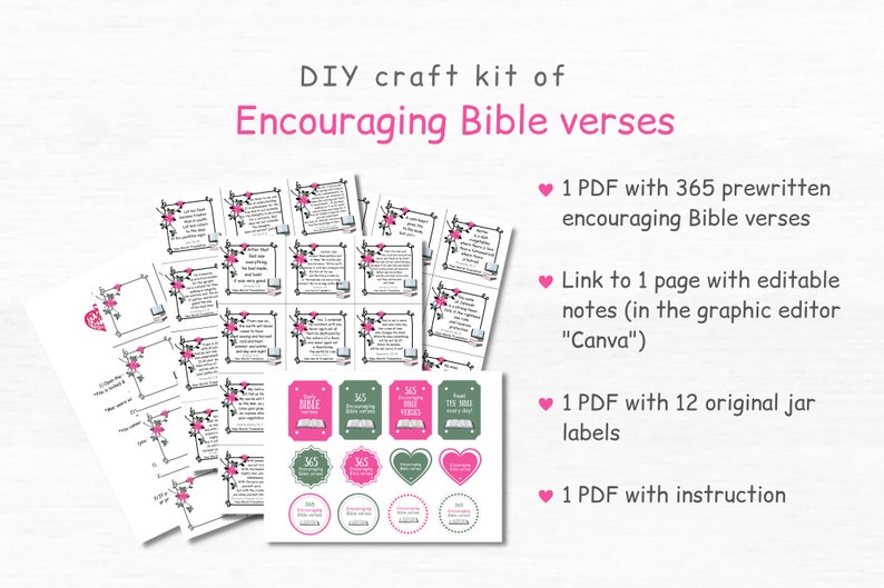 May include: DIY craft kit of encouraging Bible verses. Includes 1 PDF with 365 prewritten verses, 1 PDF with 12 original jar labels, 1 PDF with instructions, and a link to 1 page with editable notes in Canva.