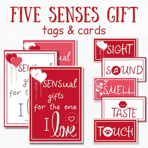 Etiquetas de regalo de los 5 sentidos Regalo del 1er aniversario para el esposo Etiquetas imprimibles Paquete de cuidado para él Regalos sensuales para la persona que amo Tarjetas