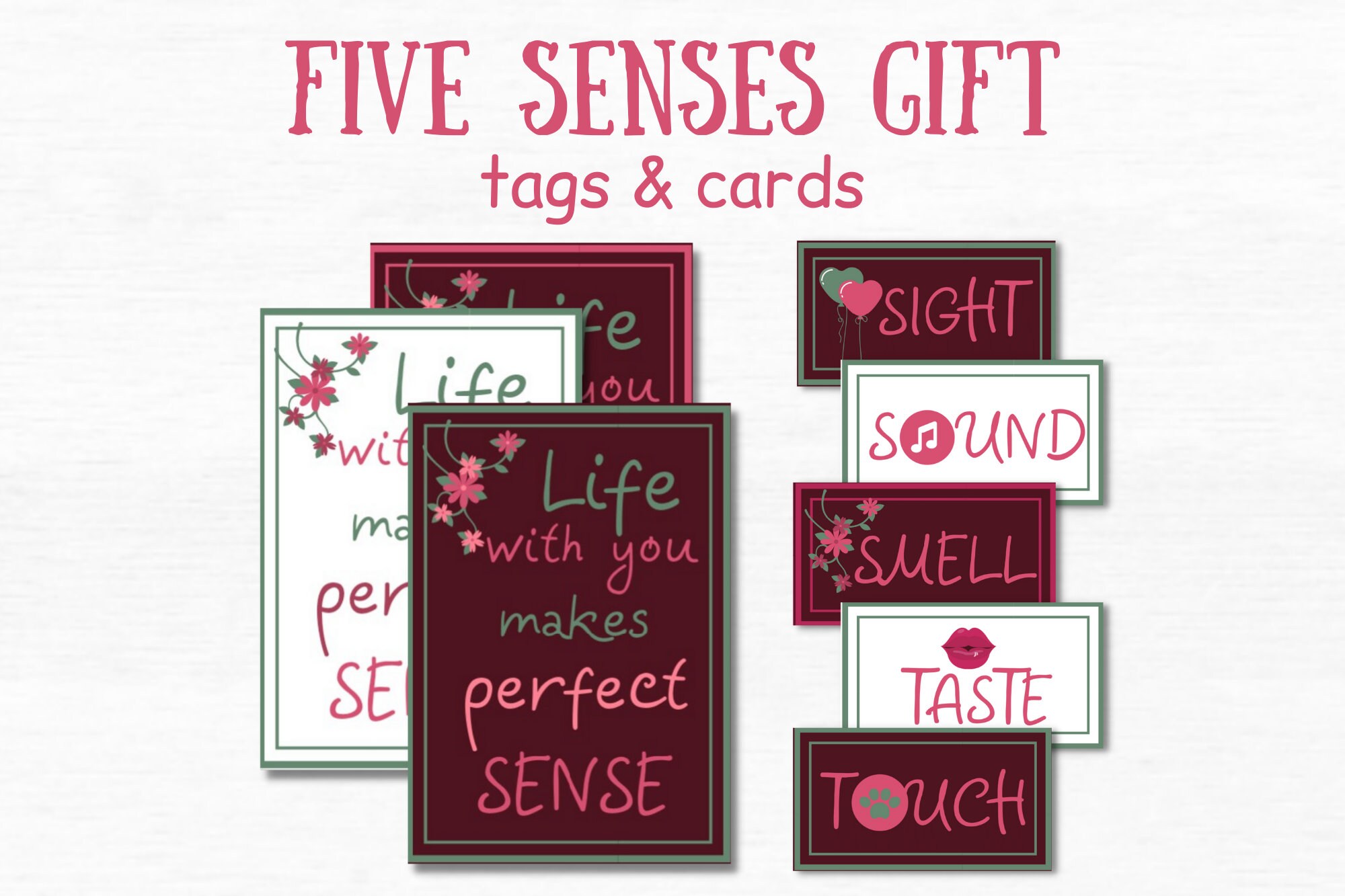5 Senses Gift Tags Printable Labels Care Package for Him 1st Anniversary  Gift for Husband Life With You Makes Perfect SENSE Love Cards 