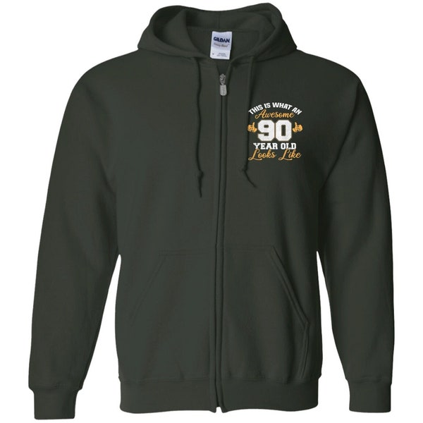 This is What an Awesome 90 Year Old Looks Like Hoodie | 90th Birthday Gift Idea | Happy 90 Year Zip Up Hooded Sweatshirt Longsleeves