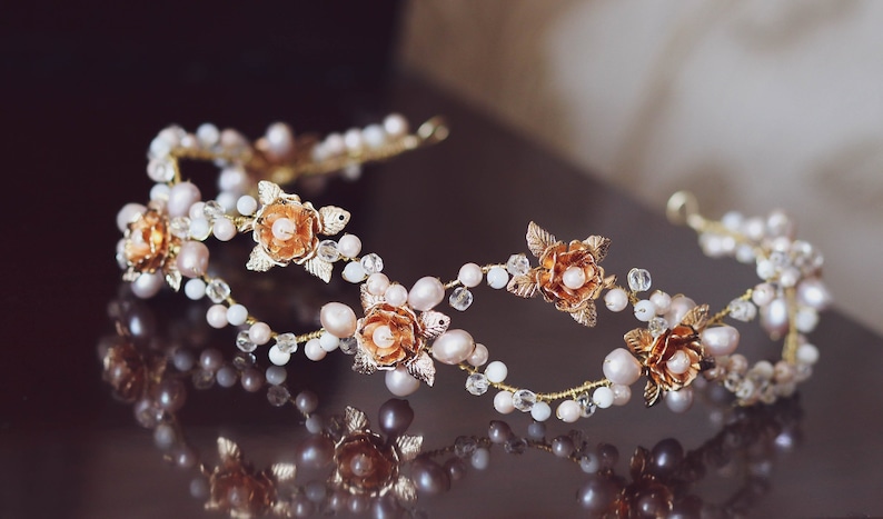 Gold colour crown Floral Crown Wedding Tiara Luxury Tiara Flowers and Pearls