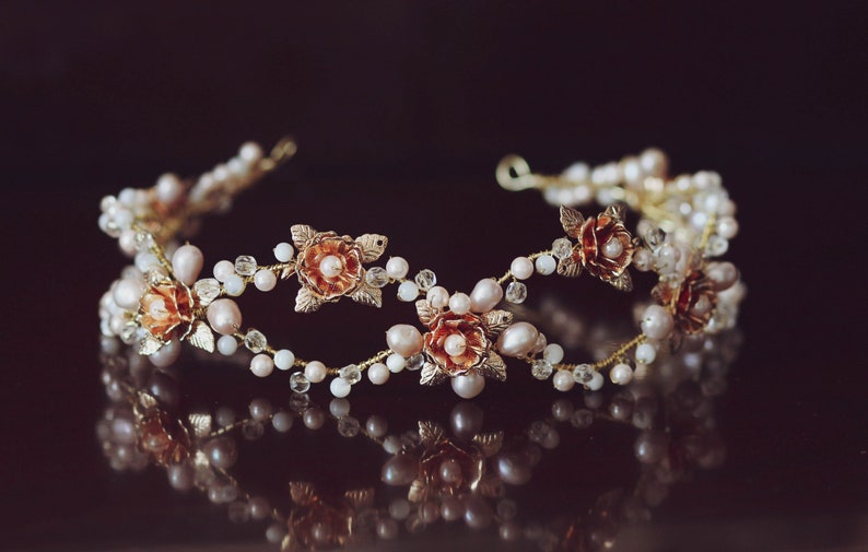 Gold colour crown Floral Crown Wedding Tiara Luxury Tiara Flowers and Pearls