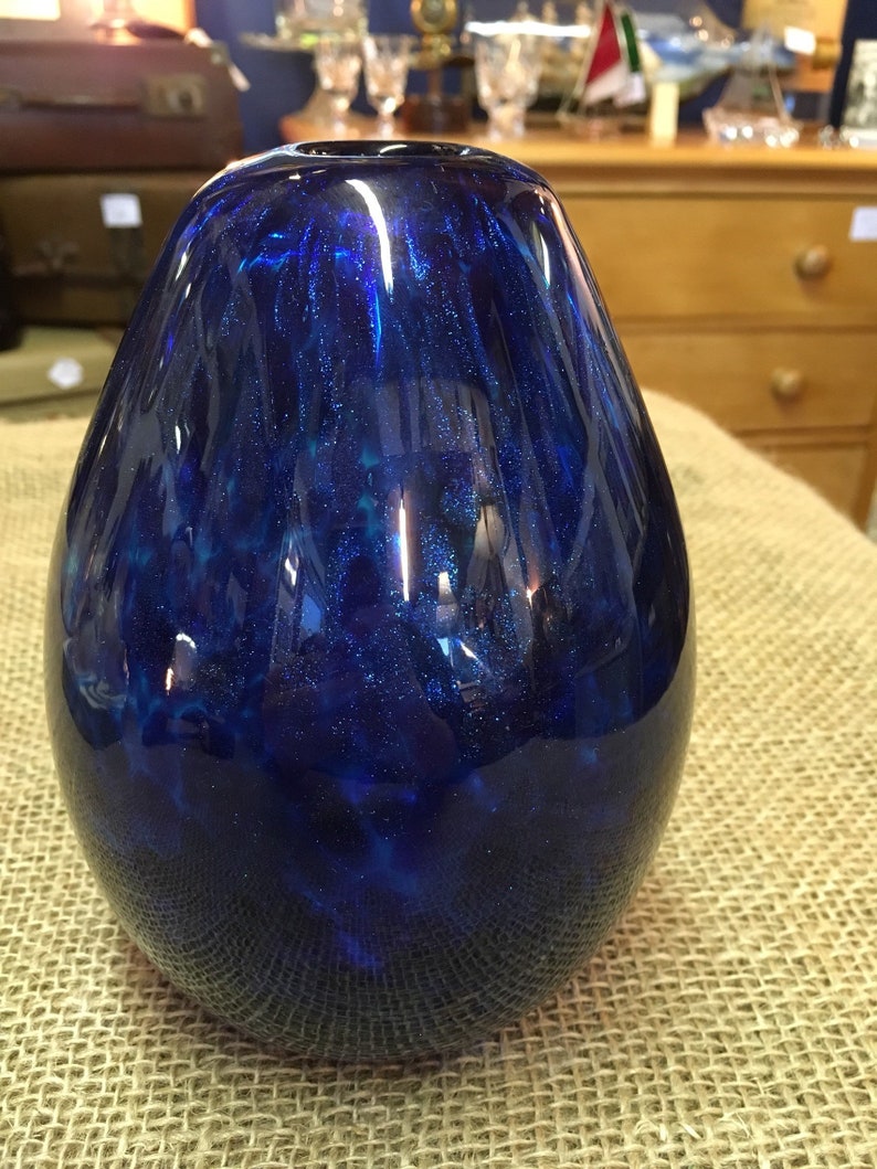Vintage Glitter Glass Vase Dark Blue Unusual Egg Shaped Etsy