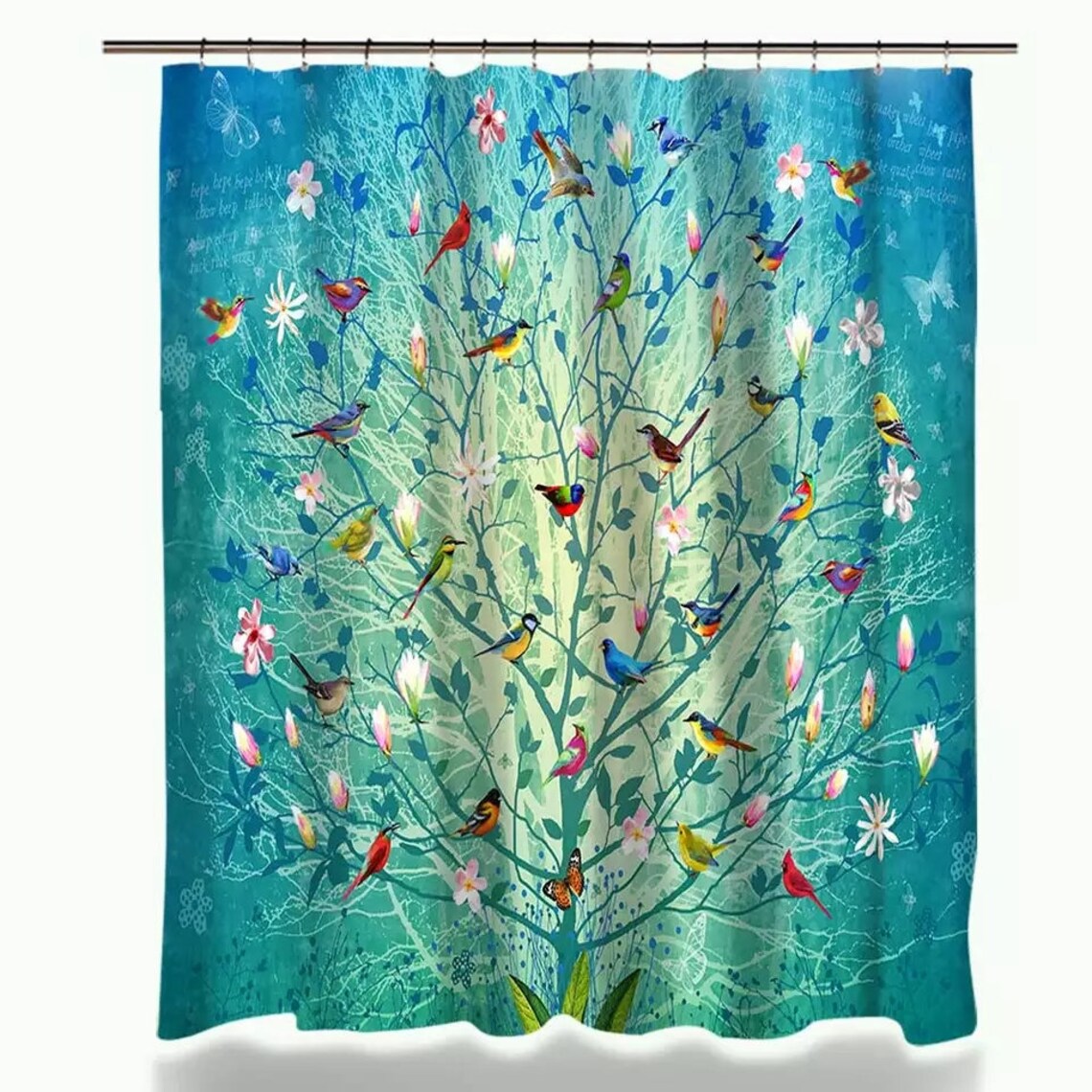 Bird Tree Shower Curtain Blue Flowers Happy Butterflies Etsy