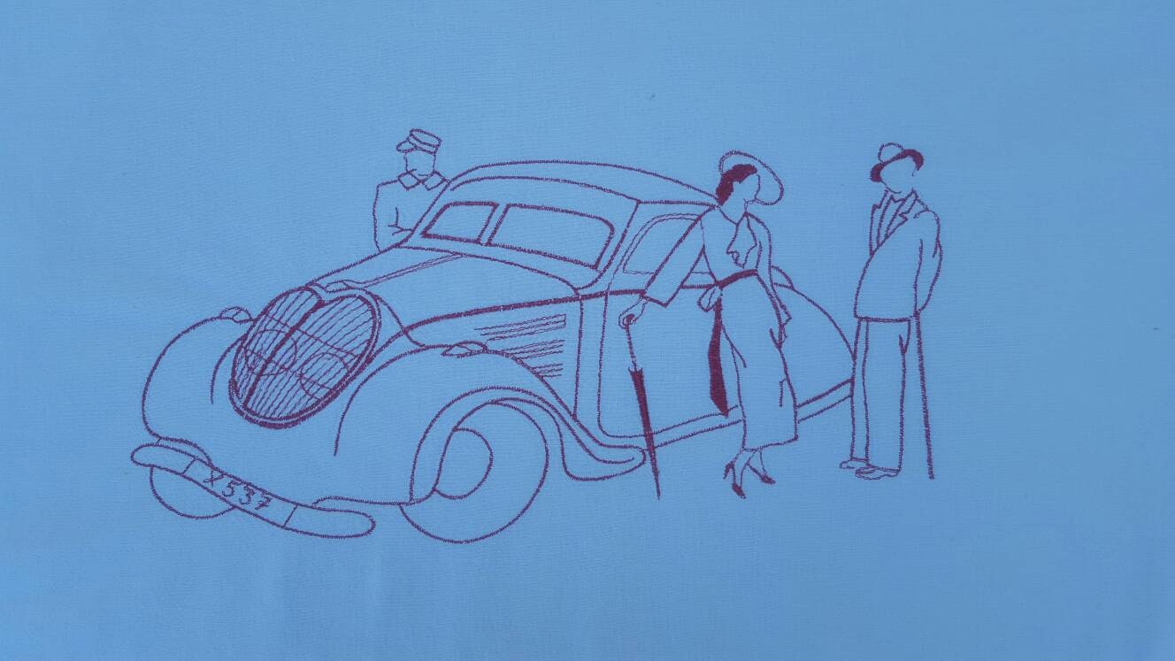 Feuille de Métis Rose Pâle avec La Scène Voiture Cru Stylisée Brodée en Rouge Foncé, Français Cru