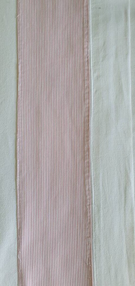 Double Flat Top Sheet en Métis avec Bordure Rayée Rose et Blanche, Vintage Français