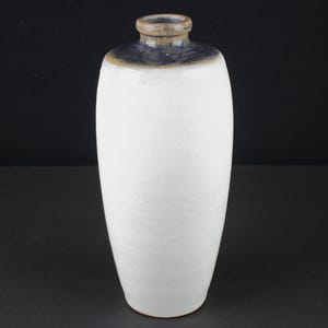 Può includere: Un vaso di ceramica bianco con bordo blu scuro e marrone. Il vaso ha un corpo liscio e cilindrico e una superficie leggermente strutturata. Il vaso è alto circa 25 cm.