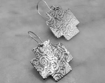 Large Cross Drop Earrings, Statement Earrings: Santa Fe Style with Sterling Silver Wires