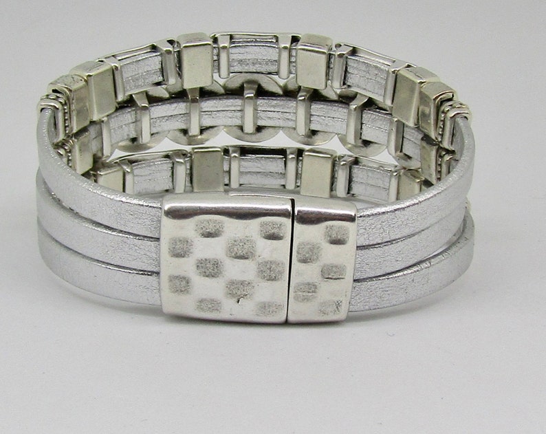 Woman's Leather Cuff Bracelet Silver Cuff Textured Etsy