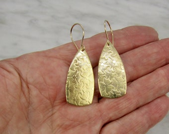 Drop Earrings, Long Earrings, unique earrings, lightweight easy to wear, brass earrings with 14 karat, gold fill ear wires, the perfect gift